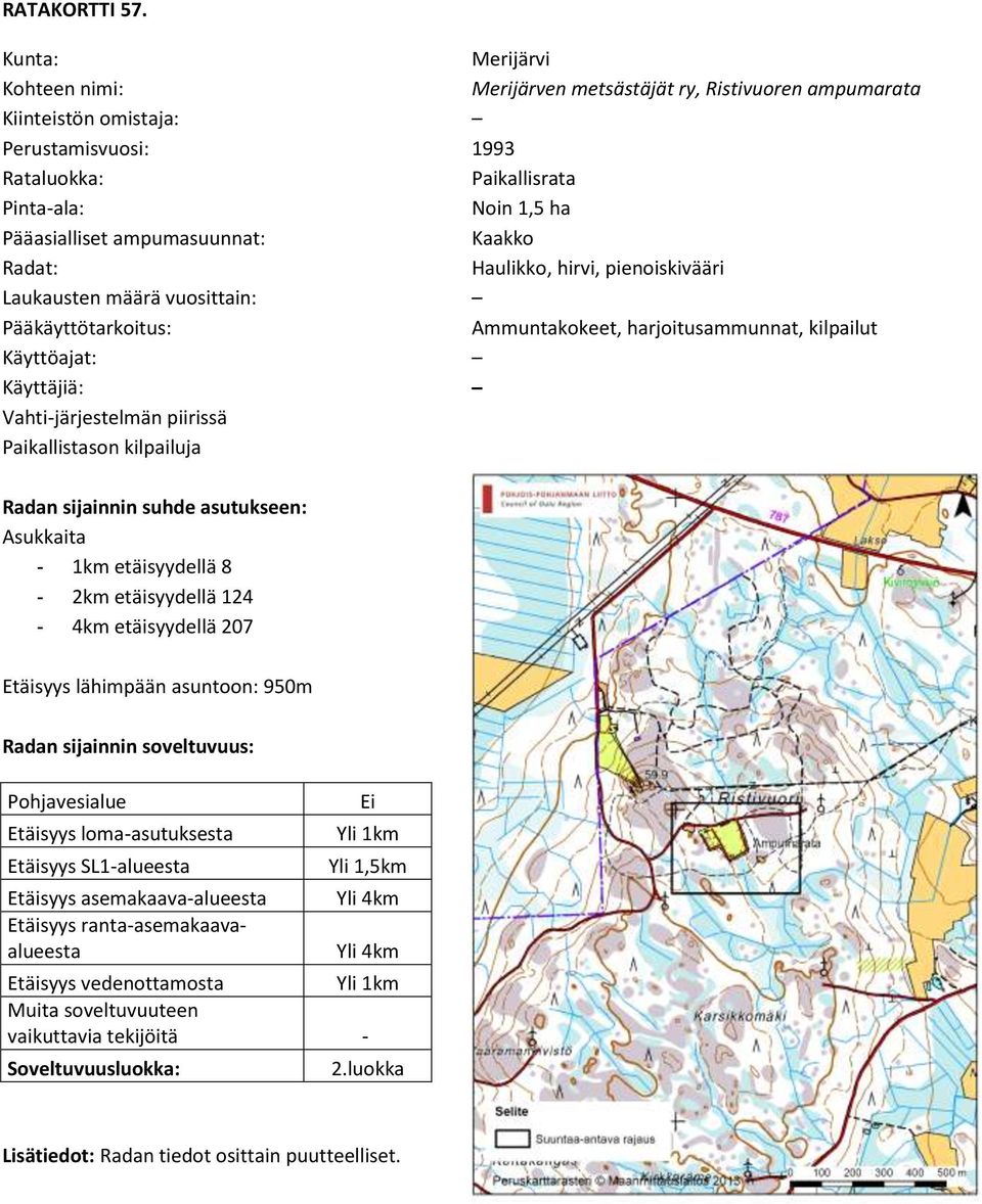 ampumarata 1993 Paikallisrata Noin 1,5 ha Kaakko Haulikko, hirvi, pienoiskivääri Ammuntakokeet,