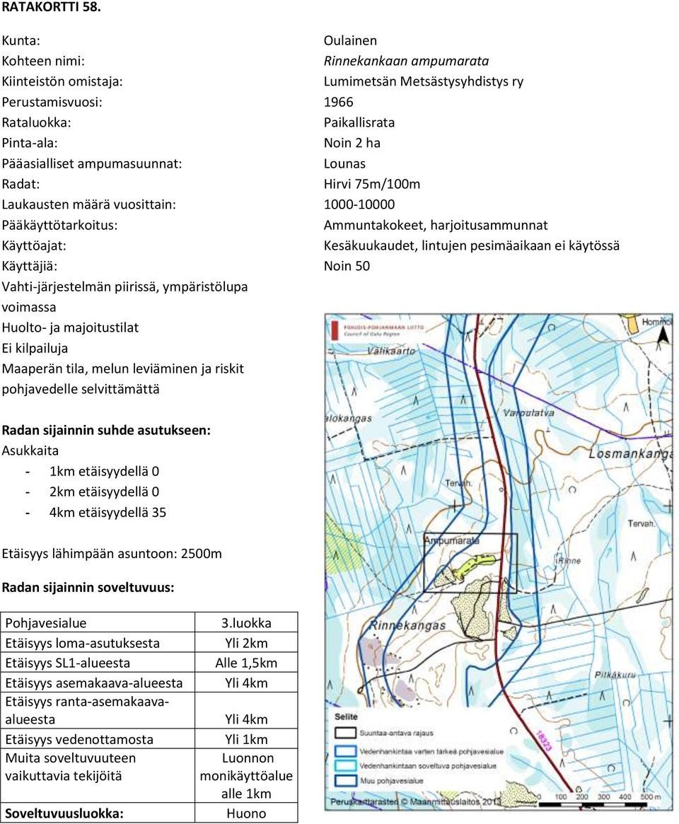 selvittämättä Oulainen Rinnekankaan ampumarata Lumimetsän Metsästysyhdistys ry 1966 Paikallisrata Noin 2 ha Lounas Hirvi 75m/100m 1000-10000