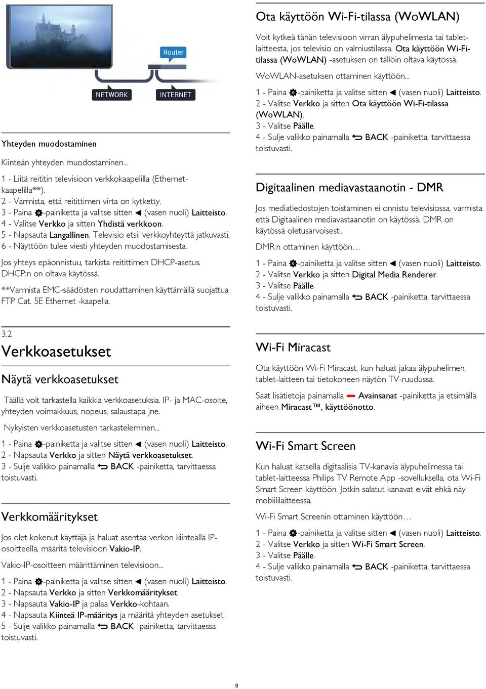 Televisio etsii verkkoyhteyttä jatkuvasti. 6 - Näyttöön tulee viesti yhteyden muodostamisesta. Jos yhteys epäonnistuu, tarkista reitittimen DHCP-asetus. DHCP:n on oltava käytössä.