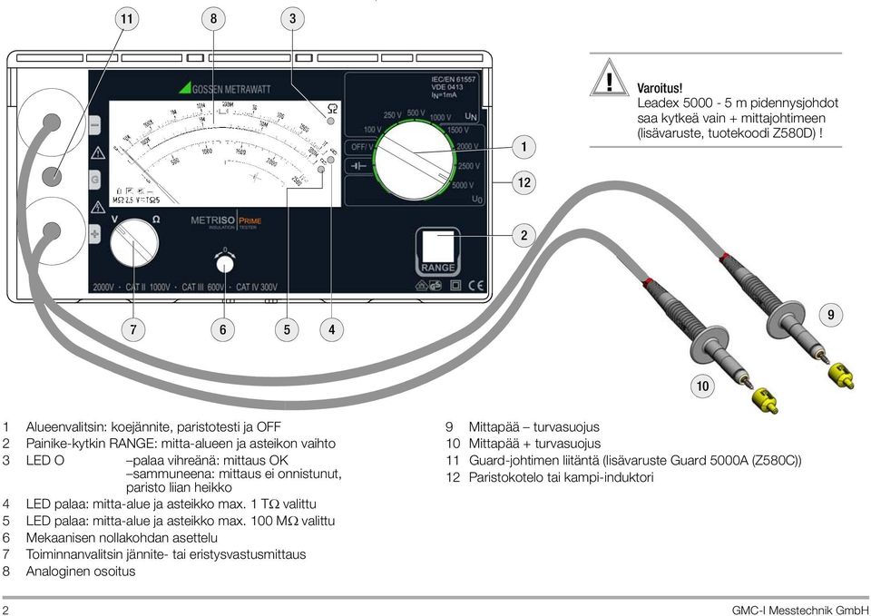 asteikko max. 1 T valittu 5 LED palaa: mitta-alue ja asteikko max.