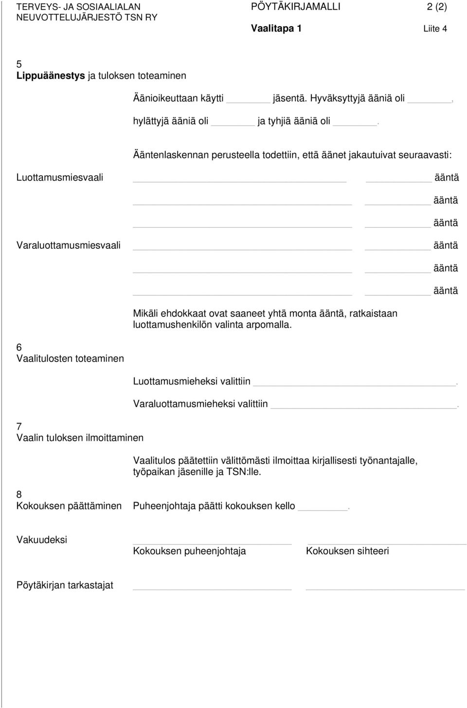 Ääntenlaskennan perusteella todettiin, että äänet jakautuivat seuraavasti: Luottamusmiesvaali ääntä ääntä ääntä Varaluottamusmiesvaali ääntä ääntä ääntä Mikäli ehdokkaat ovat saaneet yhtä monta