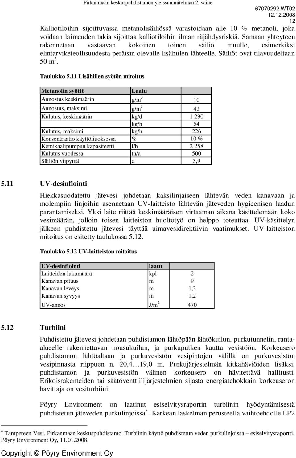 11 Lisähiilen syötön mitoitus Metanolin syöttö Laatu Annostus keskimäärin g/m 3 10 Annostus, maksimi g/m 3 42 Kulutus, keskimäärin kg/d 1 290 kg/h 54 Kulutus, maksimi kg/h 226 Konsentraatio