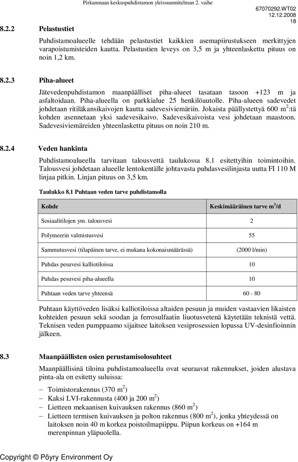 Piha-alueella on parkkialue 25 henkilöautolle. Piha-alueen sadevedet johdetaan ritiläkansikaivojen kautta sadevesiviemäriin. Jokaista päällystettyä 600 m 2 :tä kohden asennetaan yksi sadevesikaivo.