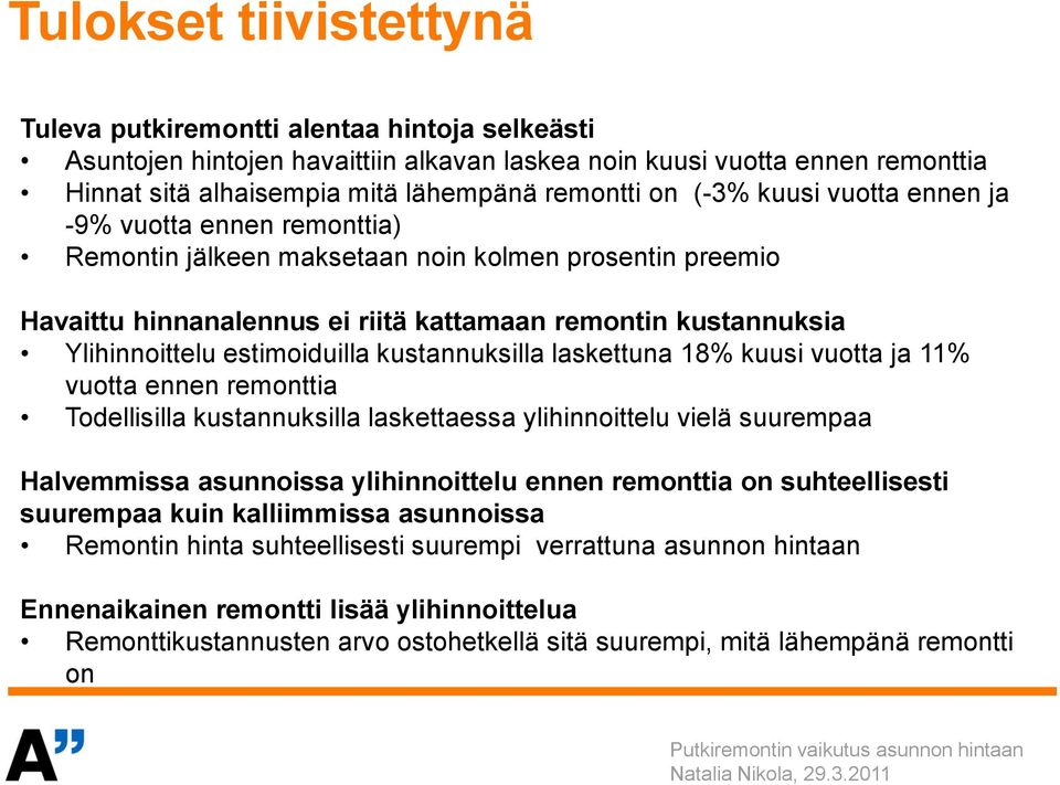 estimoiduilla kustannuksilla laskettuna 18% kuusi vuotta ja 11% vuotta ennen remonttia Todellisilla kustannuksilla laskettaessa ylihinnoittelu vielä suurempaa Halvemmissa asunnoissa ylihinnoittelu