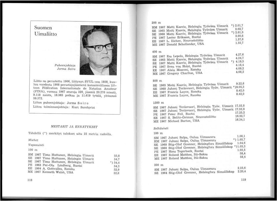 Ilichev, Neuvostoliitto ME 1967 Donald Schollander, USA 400 m SM 1967 Esa Lepo la, Helsingin Työväen Uimarit SE 1965 Matti Kasvio Helsingin Työväen Uimarit SE 1967 Matti Kasvio: Helsingin Työväen