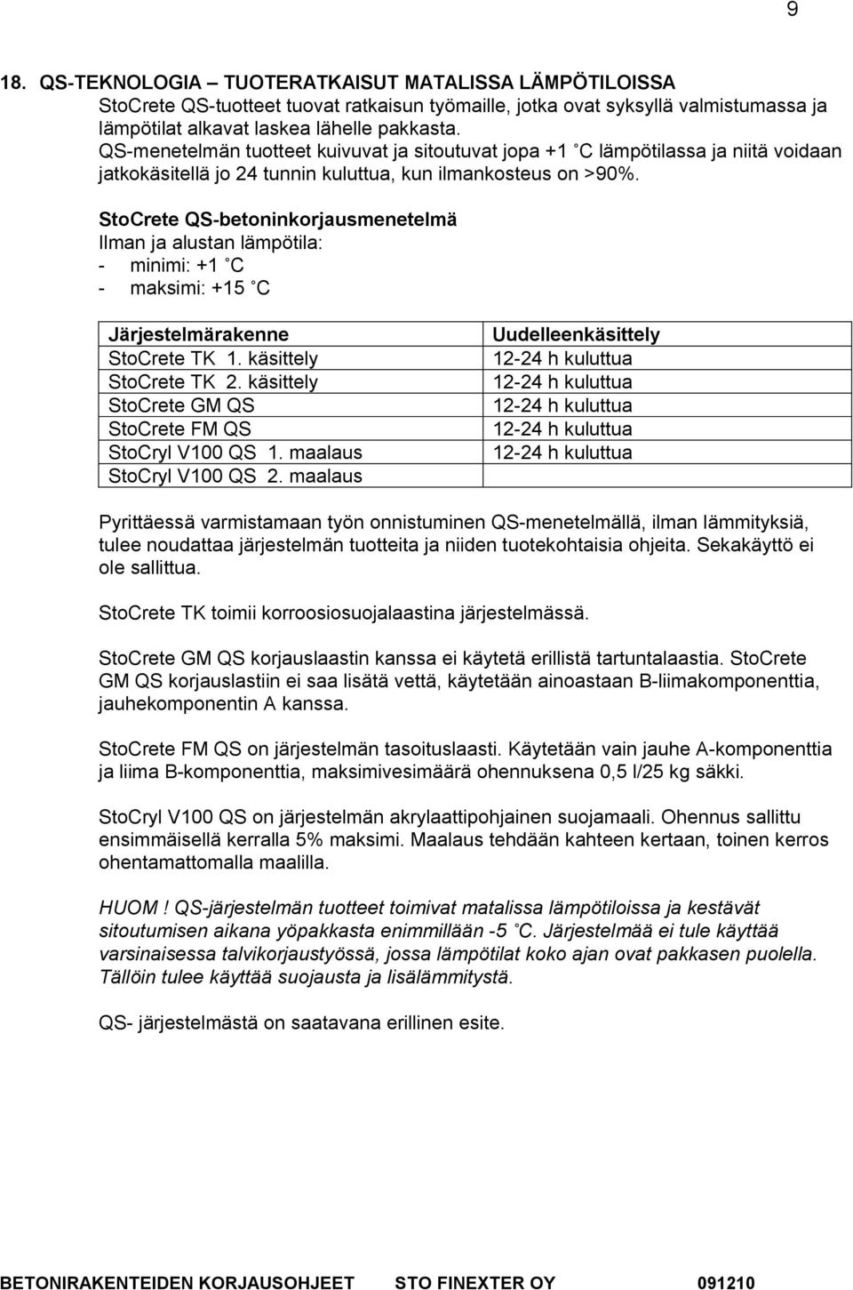 StoCrete QS-betoninkorjausmenetelmä Ilman ja alustan lämpötila: - minimi: +1 C - maksimi: +15 C Järjestelmärakenne StoCrete TK 1. käsittely StoCrete TK 2.