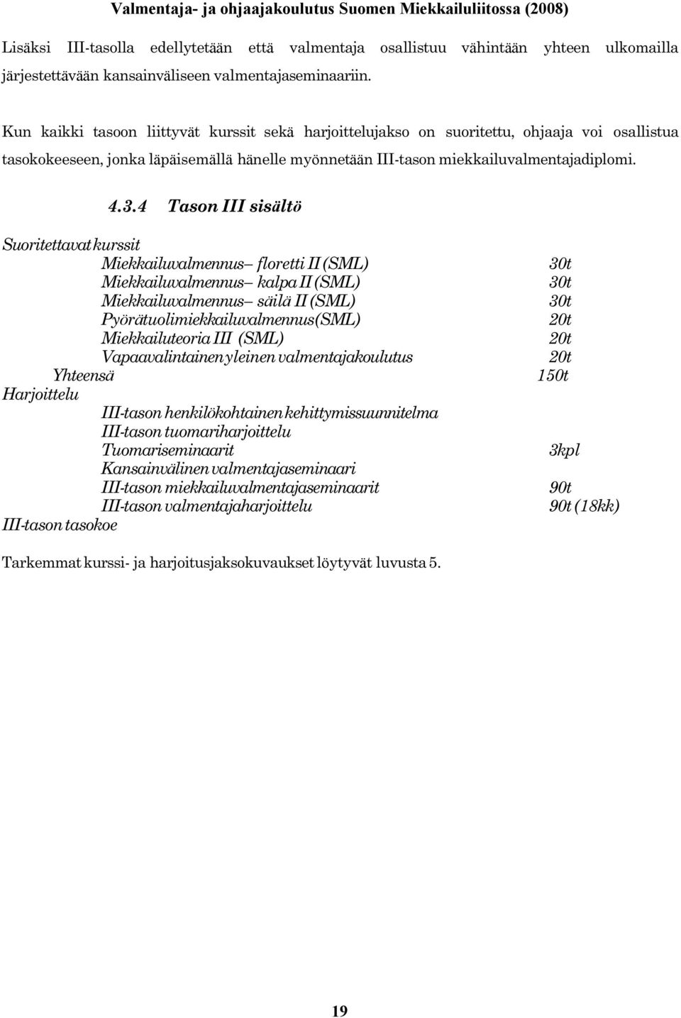 4 Tason III sisält ö Suoritettavat kurssit Miekkailuvalmennus floretti II (SML) 30t Miekkailuvalmennus kalpa II (SML) 30t Miekkailuvalmennus säil ä II (SML) 30t Pyörätuolimiekkailuvalmennus (SML) 20t