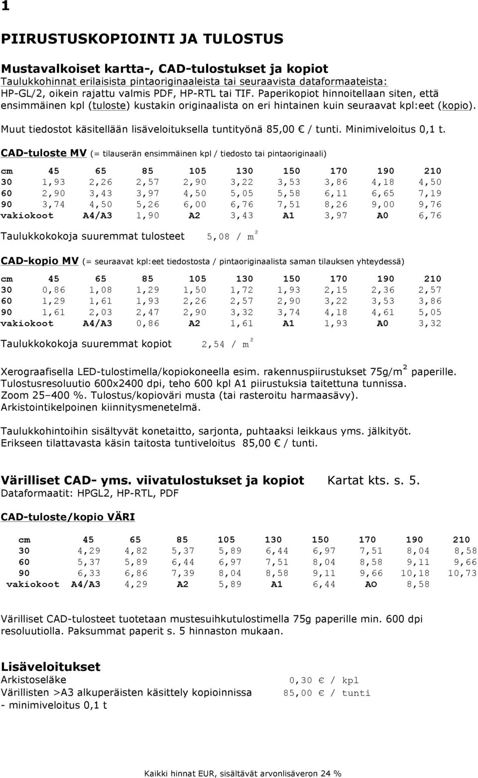 Muut tiedostot käsitellään lisäveloituksella tuntityönä 85,00 / tunti. Minimiveloitus 0,1 t.