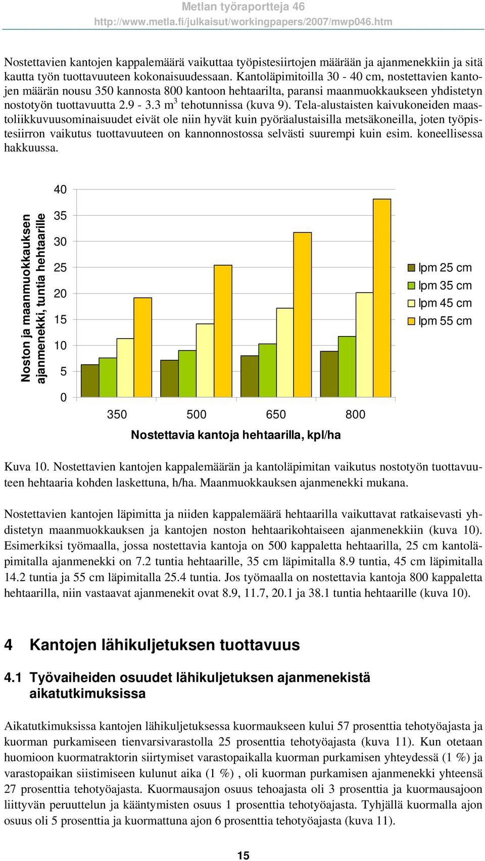 Tela-alustaisten kaivukoneiden maastoliikkuvuusominaisuudet eivät ole niin hyvät kuin pyöräalustaisilla metsäkoneilla, joten työpistesiirron vaikutus tuottavuuteen on kannonnostossa selvästi suurempi