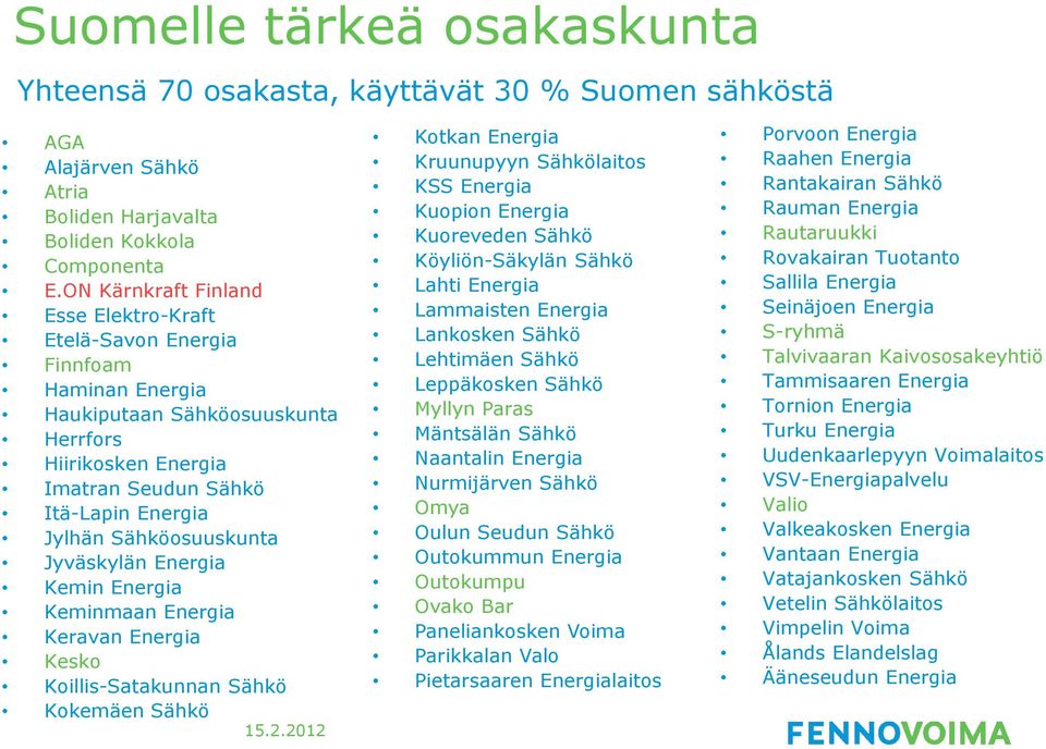 Sähköosuuskunta Jyväskylän Energia Kemin Energia Keminmaan Energia Keravan Energia Kesko Koillis-Satakunnan Sähkö Kokemäen Sähkö Kotkan Energia Kruunupyyn Sähkölaitos KSS Energia Kuopion Energia