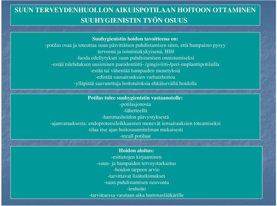 hampaiden menetyksiä -edistää suusairauksien varhaishoitoa -ylläpitää saavutettuja hoitotuloksia ehkäisevällä hoidolla Potilas tulee suuhygienistin vastaanotolle: -potilasjonosta -lähetteellä