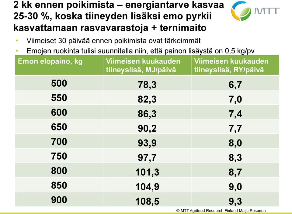 lisäystä on 0,5 kg/pv Emon elopaino, kg Viimeisen kuukauden tiineyslisä, MJ/päivä Viimeisen kuukauden tiineyslisä,