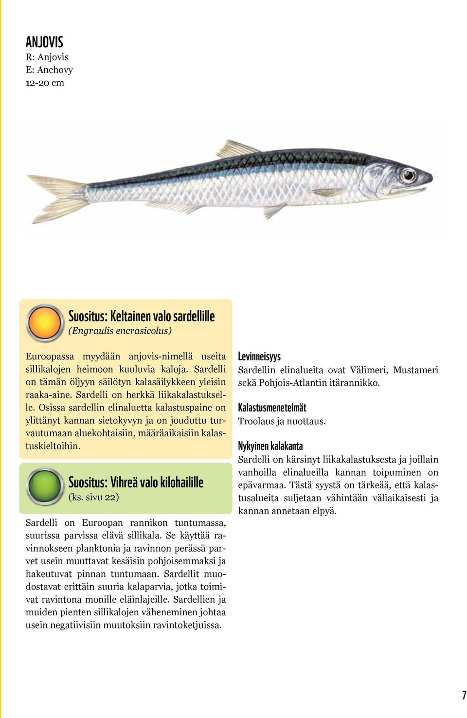Osissa sardellin elinaluetta kalastuspaine on ylittänyt kannan sietokyvyn ja on jouduttu turvautumaan aluekohtaisiin, määräaikaisiin kalastuskieltoihin. Suositus: Vihreä valo kilohailille (ks.