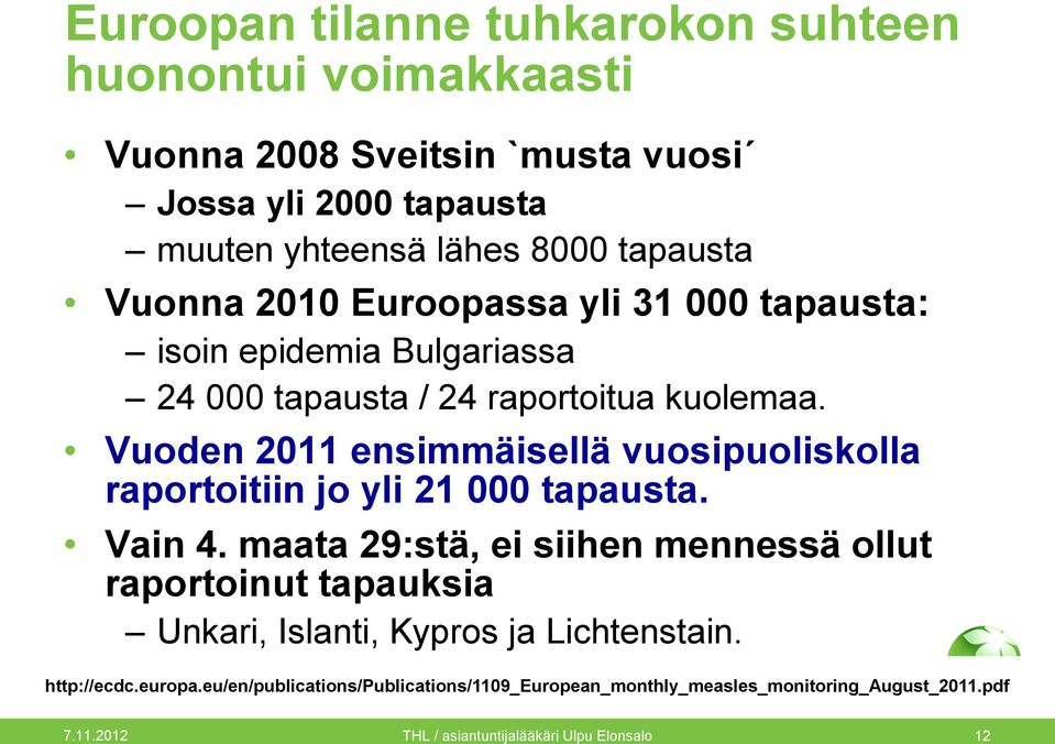 Vuoden 2011 ensimmäisellä vuosipuoliskolla raportoitiin jo yli 21 000 tapausta. Vain 4.