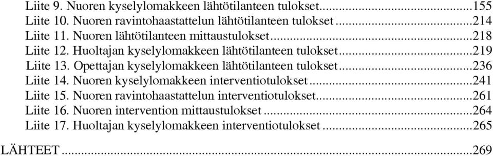 kyselylomakkeen lähtötilanteen tulokset236 Liite 14 Nuoren kyselylomakkeen interventiotulokset 241 Liite 15 Nuoren