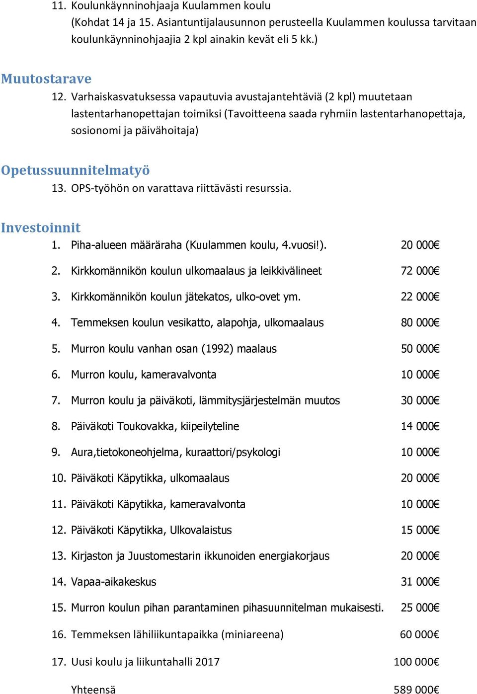 OPS-työhön on varattava riittävästi resurssia. Investoinnit 1. Piha-alueen määräraha (Kuulammen koulu, 4.vuosi!). 20 000 2. Kirkkomännikön koulun ulkomaalaus ja leikkivälineet 72 000 3.