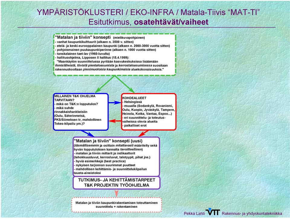 1999): "Maankäytön suunnittelussa pyritään kasvukeskuksissa lisäämään ihmisläheistä, tiivistä pientaloasumista ja kerrostaloasumisessa suositaan rakennuskooltaan pienimuotoisia kaupunkimaisia