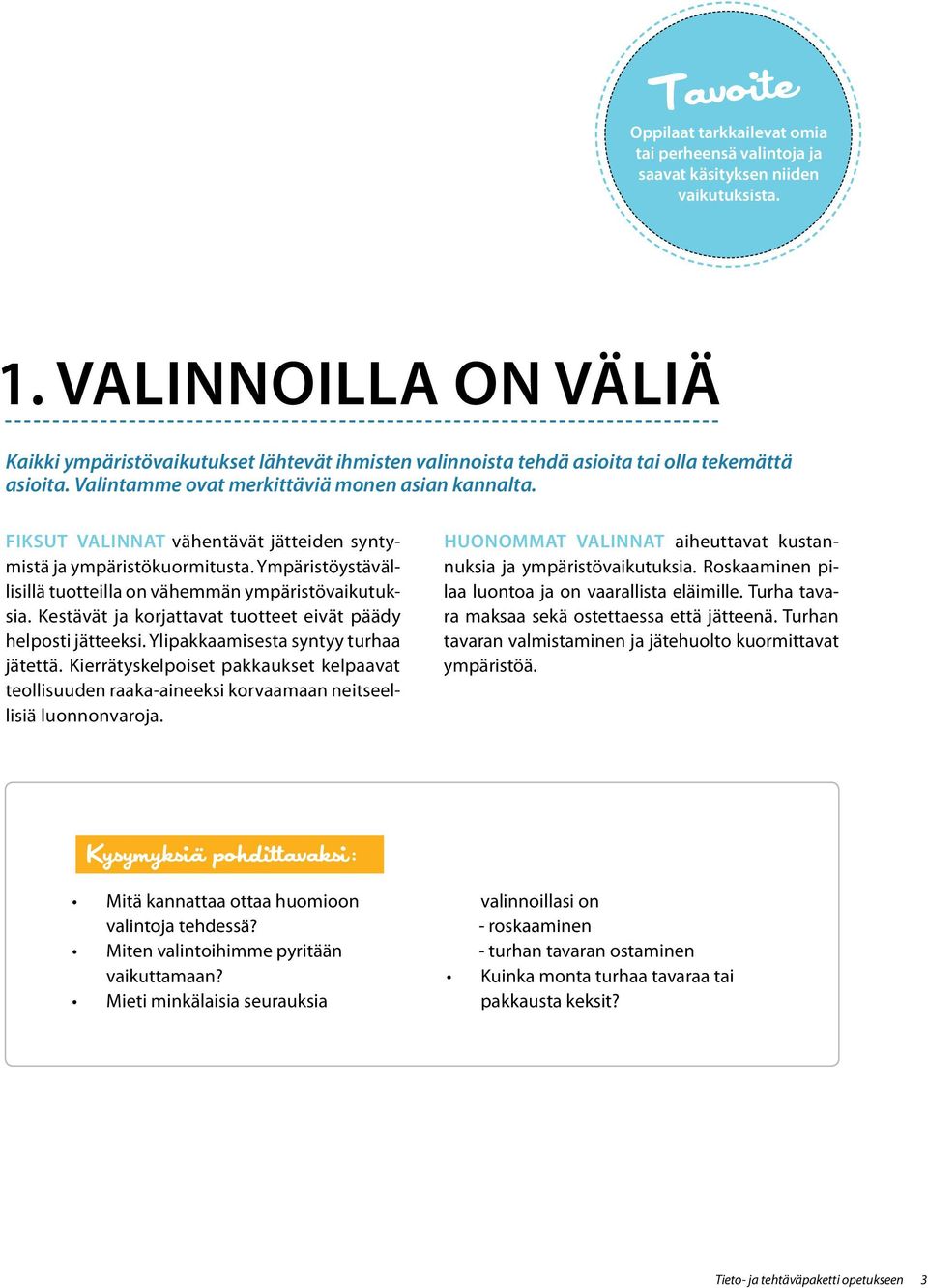 Fiksut valinnat vähentävät jätteiden syntymistä ja ympäristökuormitusta. Ympäristöystävällisillä tuotteilla on vähemmän ympäristövaikutuksia.