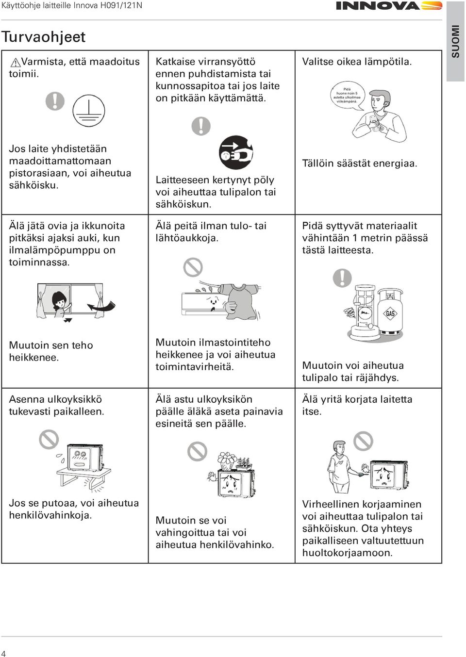 Tällöin säästät energiaa. Älä jätä ovia ja ikkunoita pitkäksi ajaksi auki, kun ilmalämpöpumppu on toiminnassa. Älä peitä ilman tulo- tai lähtöaukkoja.