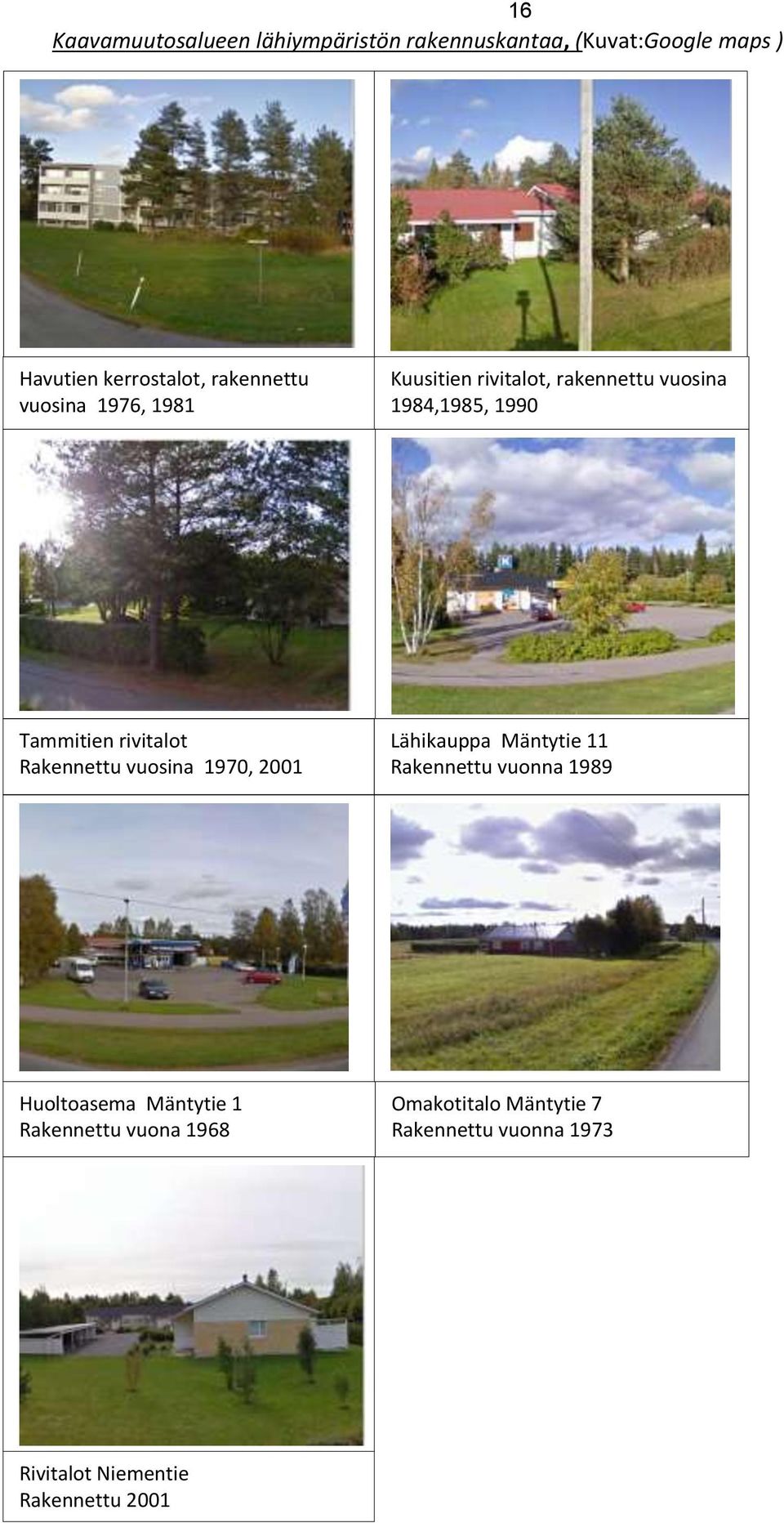 rivitalot Rakennettu vuosina 1970, 2001 Lähikauppa Mäntytie 11 Rakennettu vuonna 1989 Huoltoasema