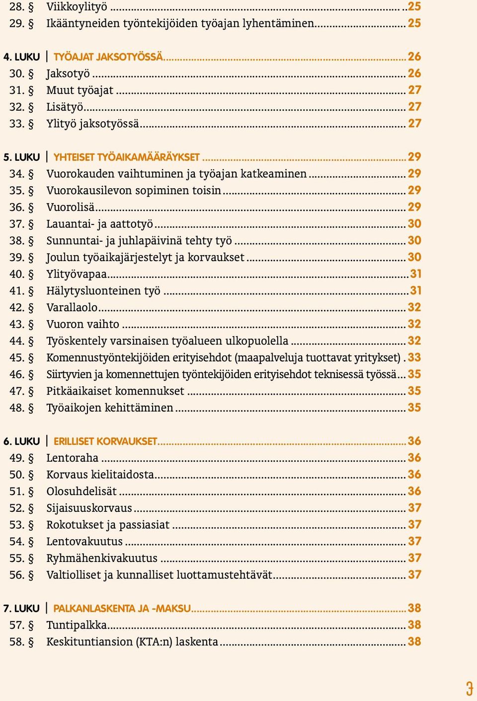 Sunnuntai- ja juhlapäivinä tehty työ... 30 39. Joulun työaikajärjestelyt ja korvaukset... 30 40. Ylityövapaa...31 41. Hälytysluonteinen työ...31 42. Varallaolo... 32 43. Vuoron vaihto... 32 44.