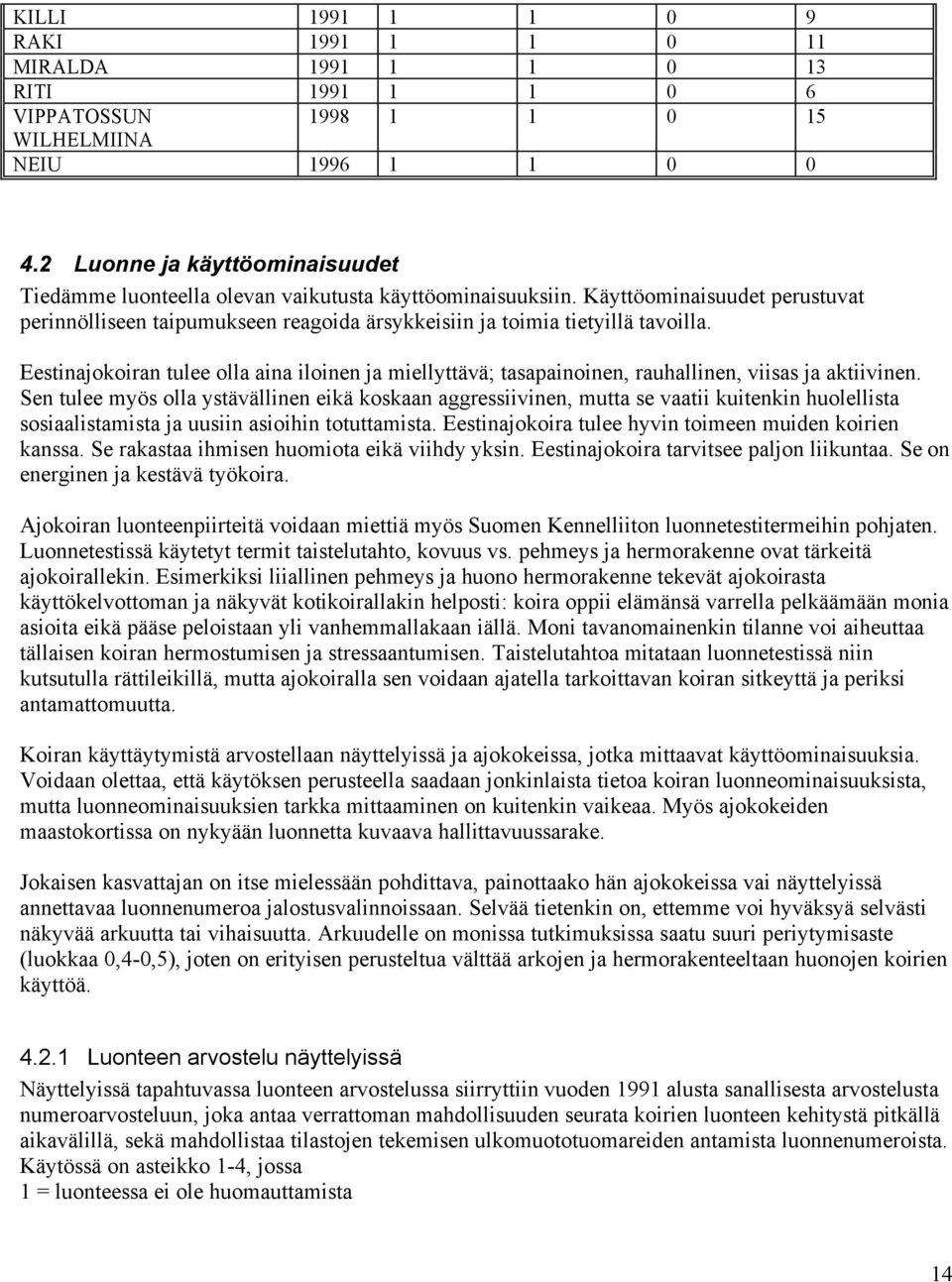 Eestinajokoiran tulee olla aina iloinen ja miellyttävä; tasapainoinen, rauhallinen, viisas ja aktiivinen.