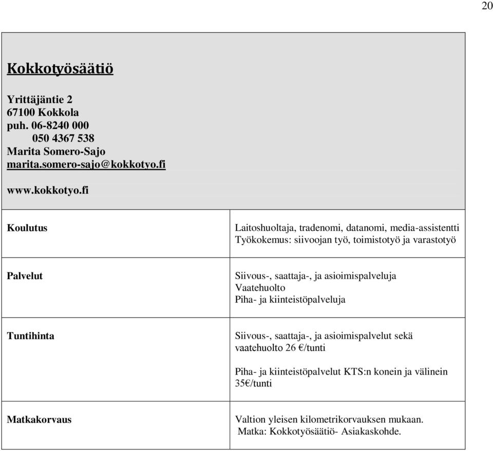 fi Laitoshuoltaja, tradenomi, datanomi, media-assistentti Työkokemus: siivoojan työ, toimistotyö ja varastotyö Siivous-, saattaja-, ja