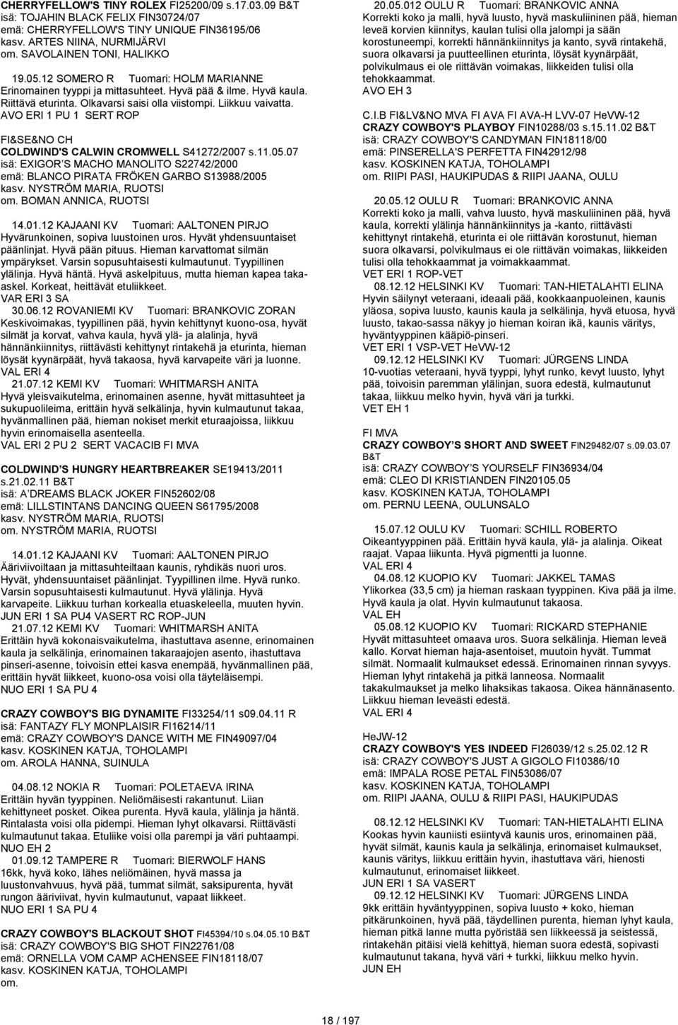 AVO ERI 1 PU 1 SERT ROP FI&SE&NO CH COLDWIND'S CALWIN CROMWELL S41272/2007 s.11.05.07 isä: EXIGOR S MACHO MANOLITO S22742/2000 emä: BLANCO PIRATA FRÖKEN GARBO S13988/2005 kasv.