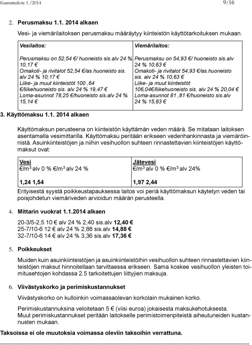 alv 24 % 19,47 Loma-asunnot 78,25 /huoneisto sis.alv 24 % 15,14 3. Käyttömaksu 1.1. 2014 alkaen Perusmaksu on 54,93 / huoneisto sis.alv 24 % 10,63 Omakoti- ja rivitalot 54,93 /as.huoneisto sis. alv 24 % 10,63 Liike- ja muut kiinteistöt 106,04 /liikehuoneisto sis.