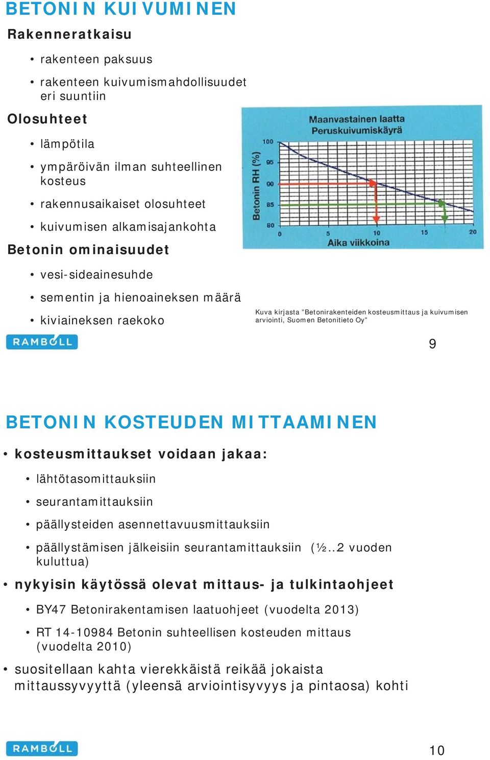 Betonitieto Oy 9 BETONIN KOSTEUDEN MITTAAMINEN kosteusmittaukset voidaan jakaa: lähtötasomittauksiin seurantamittauksiin päällysteiden asennettavuusmittauksiin päällystämisen jälkeisiin