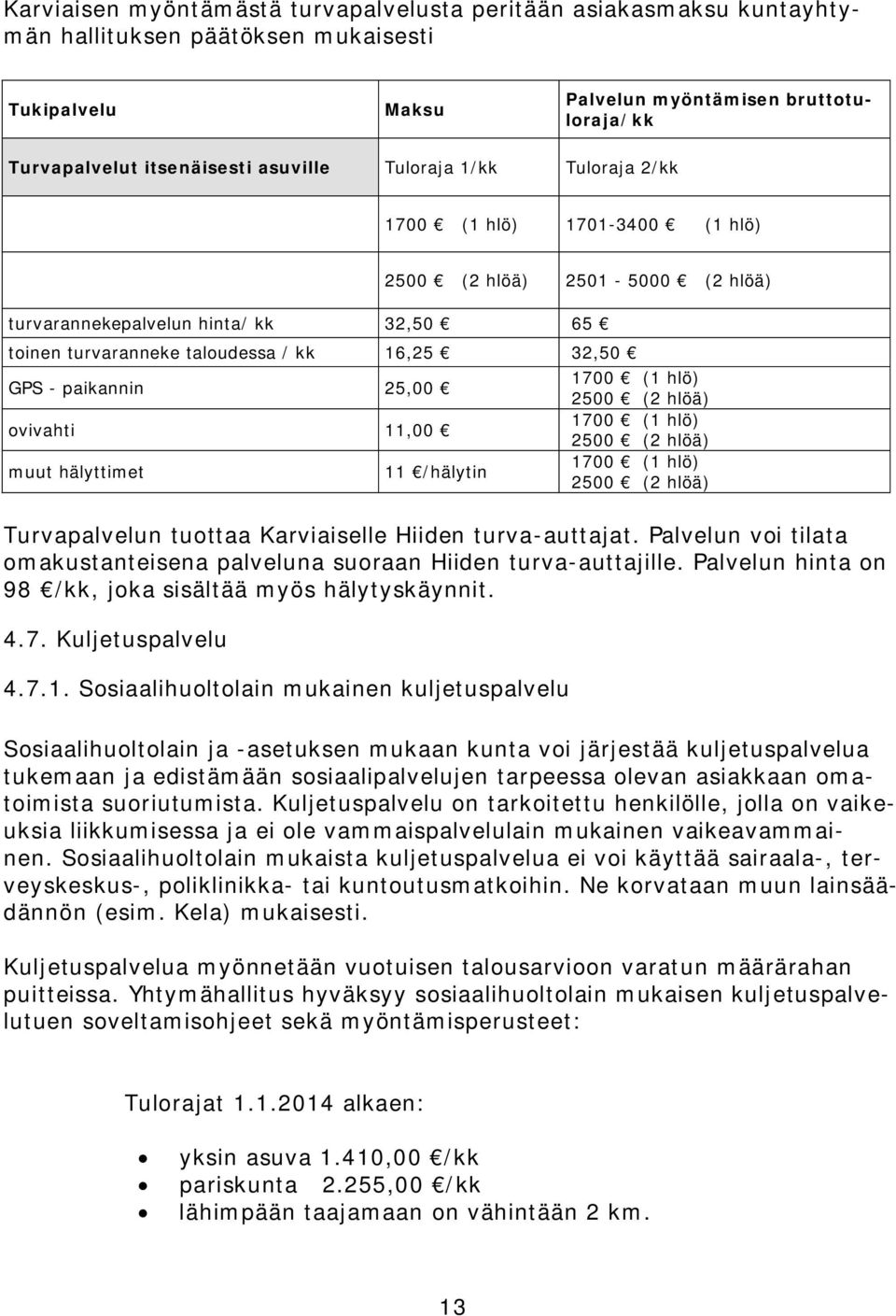 25,00 ovivahti 11,00 muut hälyttimet 11 /hälytin 1700 (1 hlö) 2500 (2 hlöä) 1700 (1 hlö) 2500 (2 hlöä) 1700 (1 hlö) 2500 (2 hlöä) Turvapalvelun tuottaa Karviaiselle Hiiden turva-auttajat.