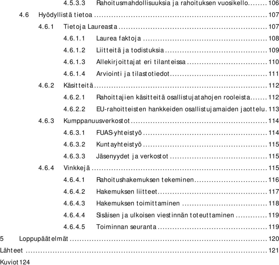 113 4.6.3 Kumppanuusverkostot... 114 4.6.3.1 FUAS-yhteistyö... 114 4.6.3.2 Kuntayhteistyö... 115 4.6.3.3 Jäsenyydet ja verkostot... 115 4.6.4 Vinkkejä... 115 4.6.4.1 Rahoitushakemuksen tekeminen.