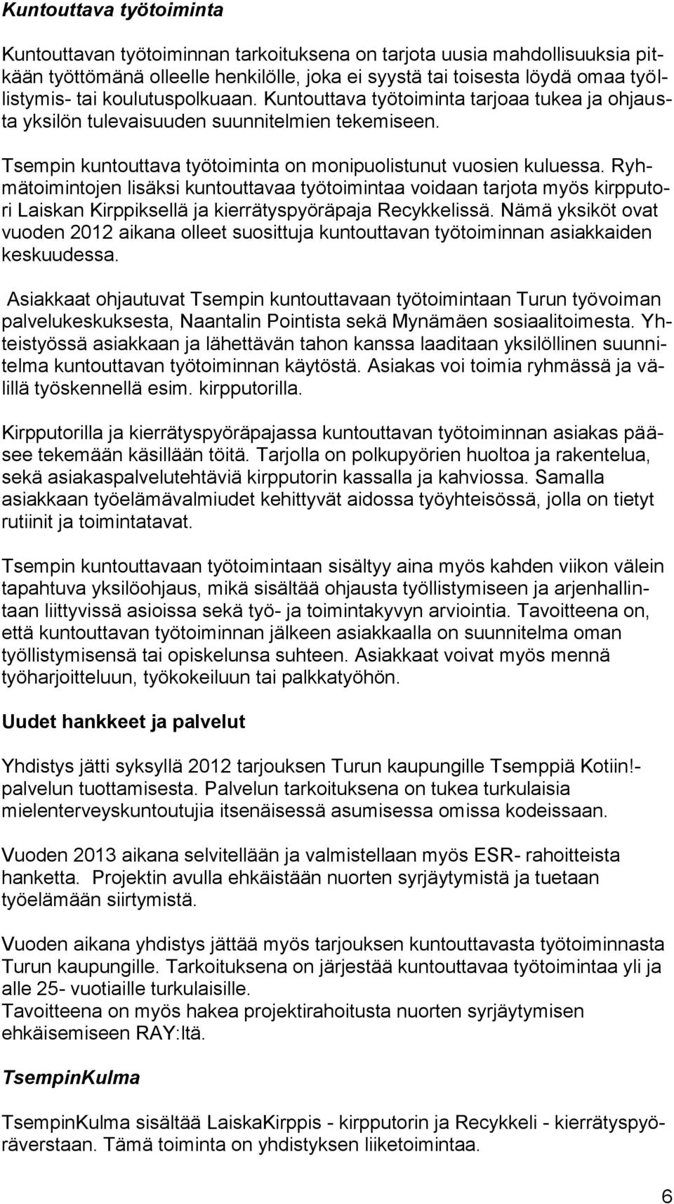 Ryhmätoimintojen lisäksi kuntouttavaa työtoimintaa voidaan tarjota myös kirpputori Laiskan Kirppiksellä ja kierrätyspyöräpaja Recykkelissä.