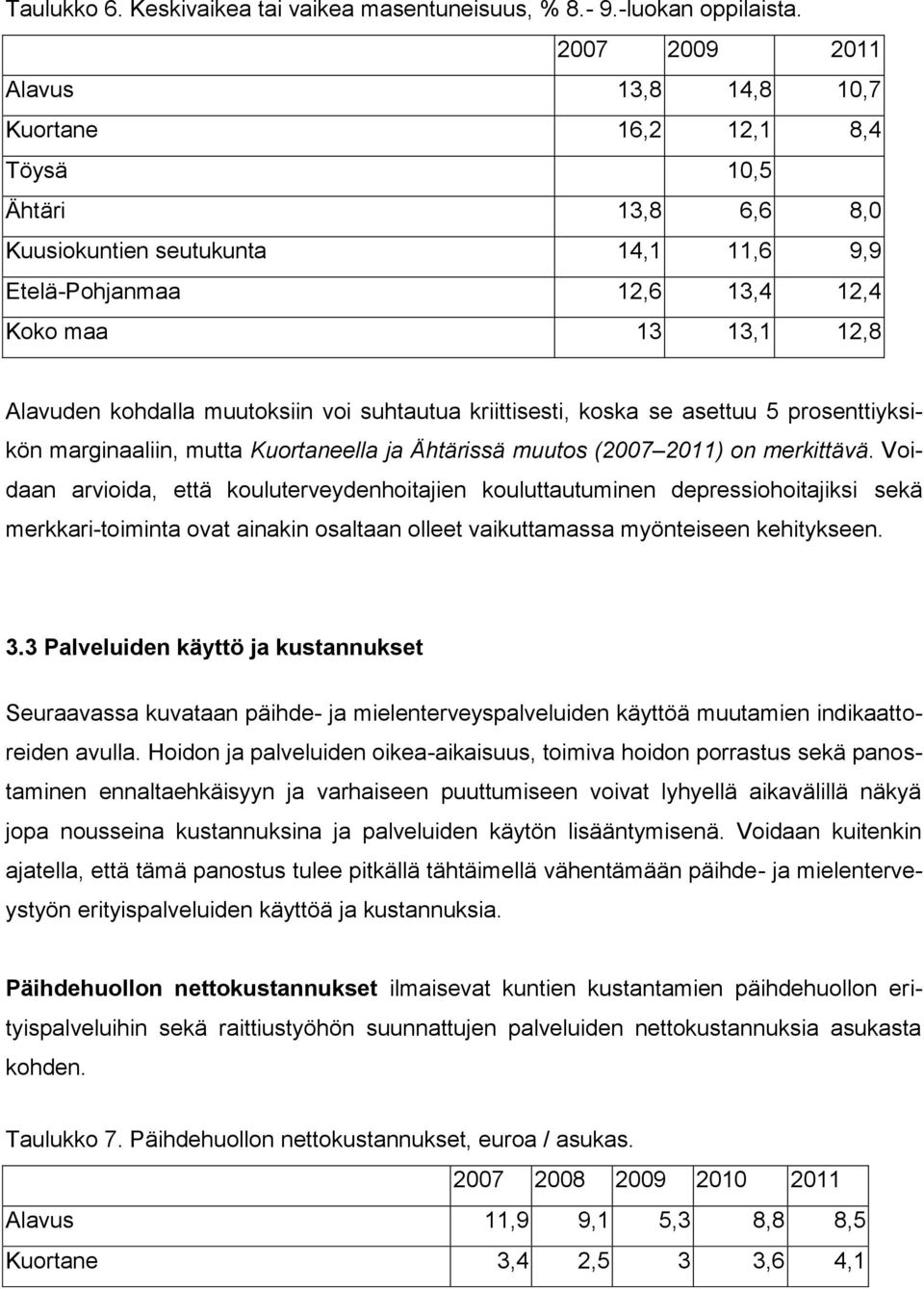 kohdalla muutoksiin voi suhtautua kriittisesti, koska se asettuu 5 prosenttiyksikön marginaaliin, mutta Kuortaneella ja Ähtärissä muutos (2007 2011) on merkittävä.