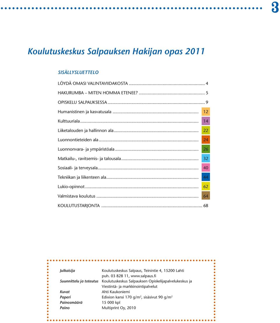 .. 40 Tekniikan ja liikenteen ala... 44 Lukio-opinnot... 62 Valmistava koulutus... 64 KOULUTUSTARJONTA... 68 Julkaisija Koulutuskeskus Salpaus, Teinintie 4, 15200 puh. 03 828 11, www.salpaus.