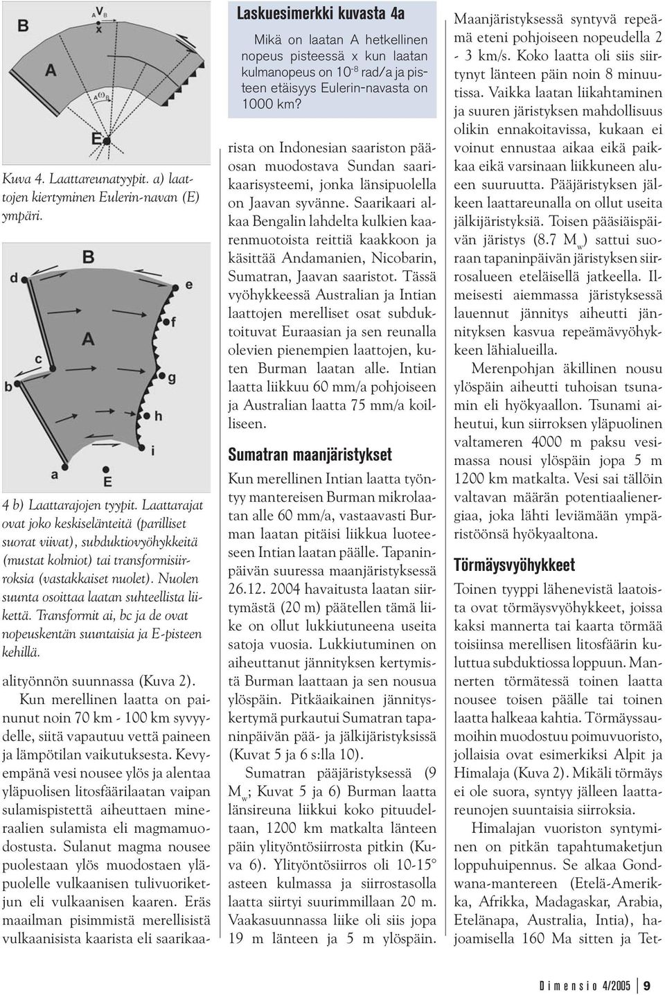 Nuolen suunta osoittaa laatan suhteellista liikettä. Transformit ai, bc ja de ovat nopeuskentän suuntaisia ja E-pisteen kehillä.