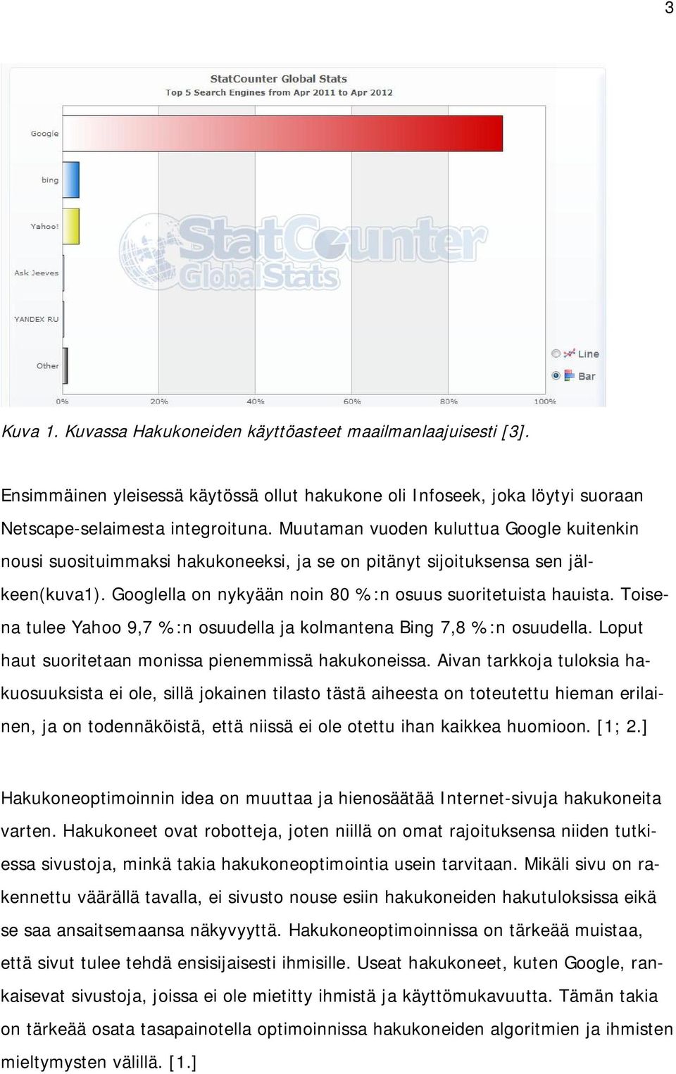 Toisena tulee Yahoo 9,7 %:n osuudella ja kolmantena Bing 7,8 %:n osuudella. Loput haut suoritetaan monissa pienemmissä hakukoneissa.