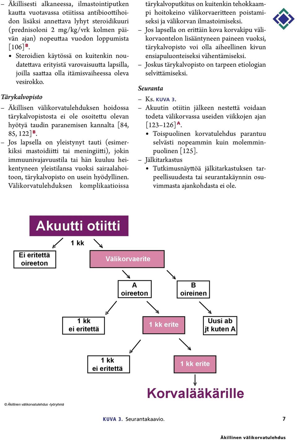 Tärykalvopisto Äkillisen välikorvatulehduksen hoidossa tärykalvopistosta ei ole osoitettu olevan hyötyä taudin paranemisen kannalta [84, 85, 122] B.