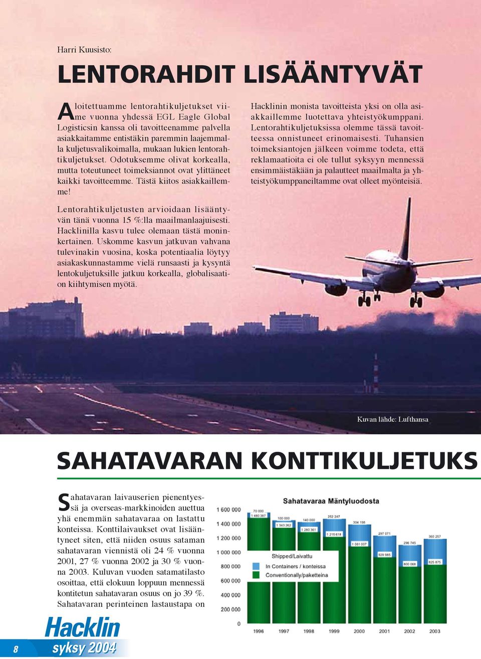 Lentorahtikuljetusten arvioidaan lisääntyvän tänä vuonna 15 %:lla maailmanlaajuisesti. Hacklinilla kasvu tulee olemaan tästä moninkertainen.