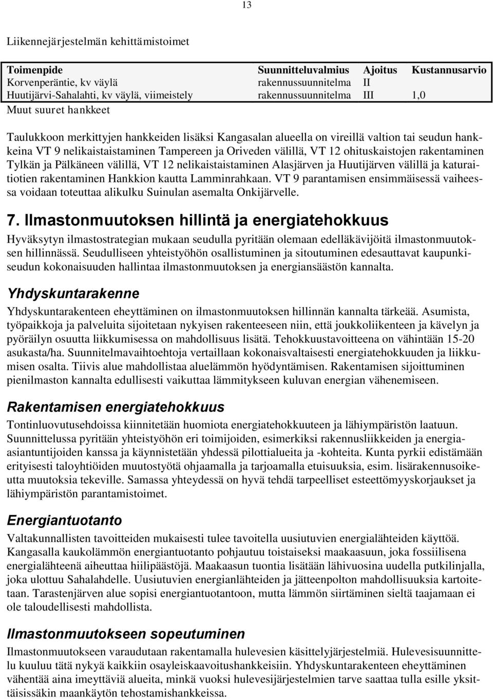välillä, VT 12 ohituskaistojen rakentaminen Tylkän ja Pälkäneen välillä, VT 12 nelikaistaistaminen Alasjärven ja Huutijärven välillä ja katuraitiotien rakentaminen Hankkion kautta Lamminrahkaan.