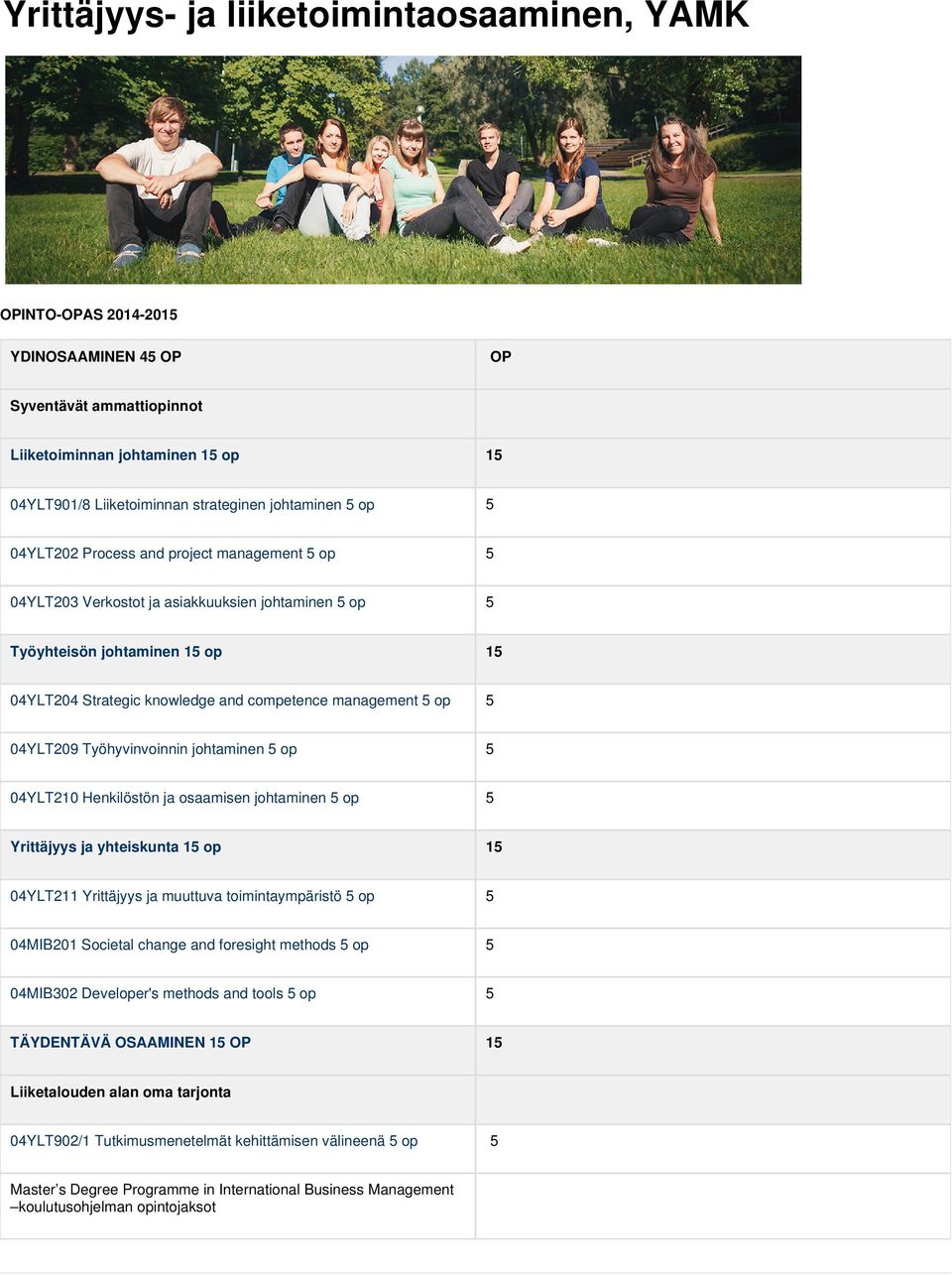 5 04YLT209 Työhyvinvoinnin johtaminen 5 op 5 04YLT210 Henkilöstön ja osaamisen johtaminen 5 op 5 Yrittäjyys ja yhteiskunta 15 op 15 04YLT211 Yrittäjyys ja muuttuva toimintaympäristö 5 op 5 04MIB201