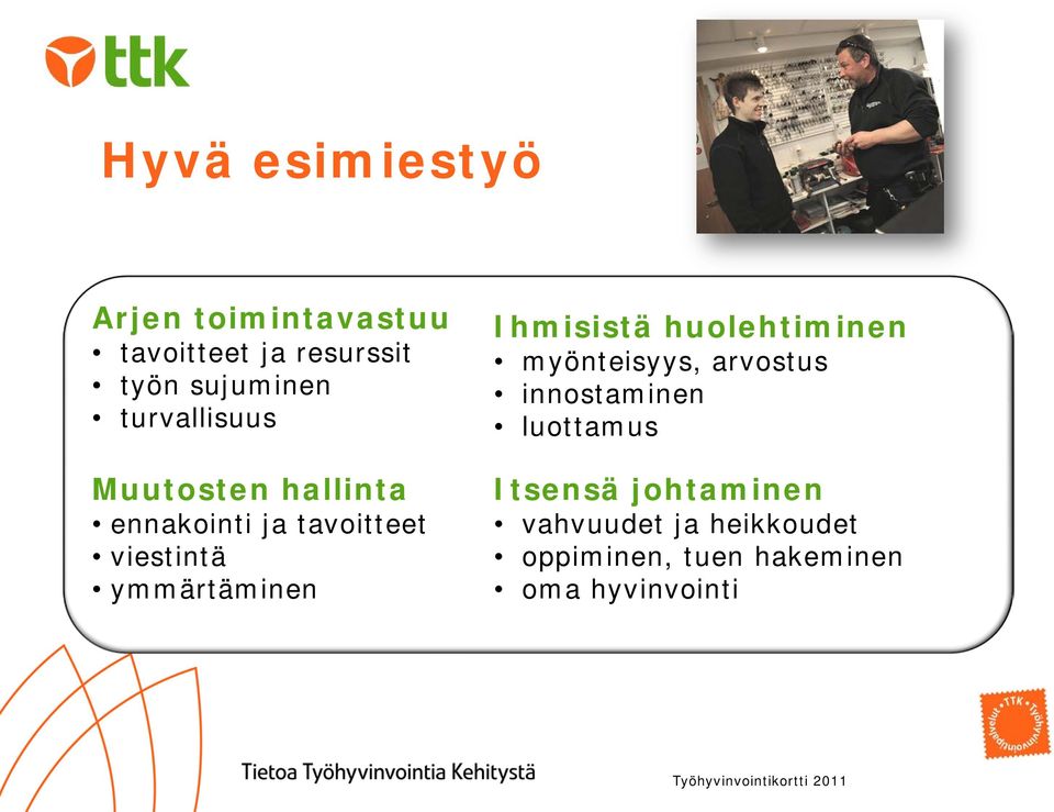 johtaminen Ihmisistä huolehtiminen Ammattimaista myönteisyys, arvostus innostaminen luottamus Osallistavaa, valmentavaa Oikeudenmukaista