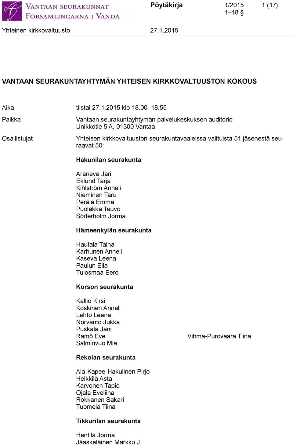 seurakunta Araneva Jari Eklund Tarja Kihlström Anneli Nieminen Taru Perälä Emma Puolakka Teuvo Söderholm Jorma Hämeenkylän seurakunta Hautala Taina Karhunen Anneli Kaseva Leena Paulun Eila Tulosmaa