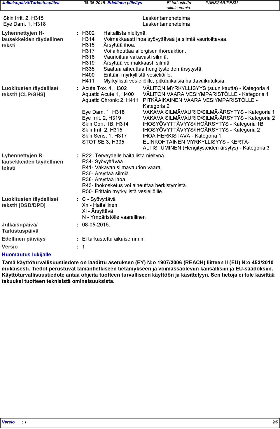 Julkaisupäivä/ Tarkistuspäivä Edellinen päiväys Versio Huomautus lukijalle R22 Terveydelle haitallista nieltynä. R34 Syövyttävää. R41 Vakavan silmävaurion vaara. R36 Ärsyttää silmiä.