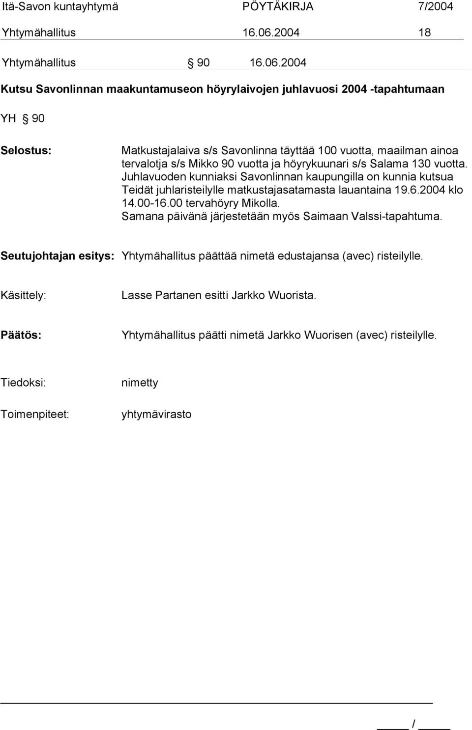 2004 Kutsu Savonlinnan maakuntamuseon höyrylaivojen juhlavuosi 2004 -tapahtumaan YH 90 Selostus: Matkustajalaiva s/s Savonlinna täyttää 100 vuotta, maailman ainoa tervalotja s/s Mikko 90