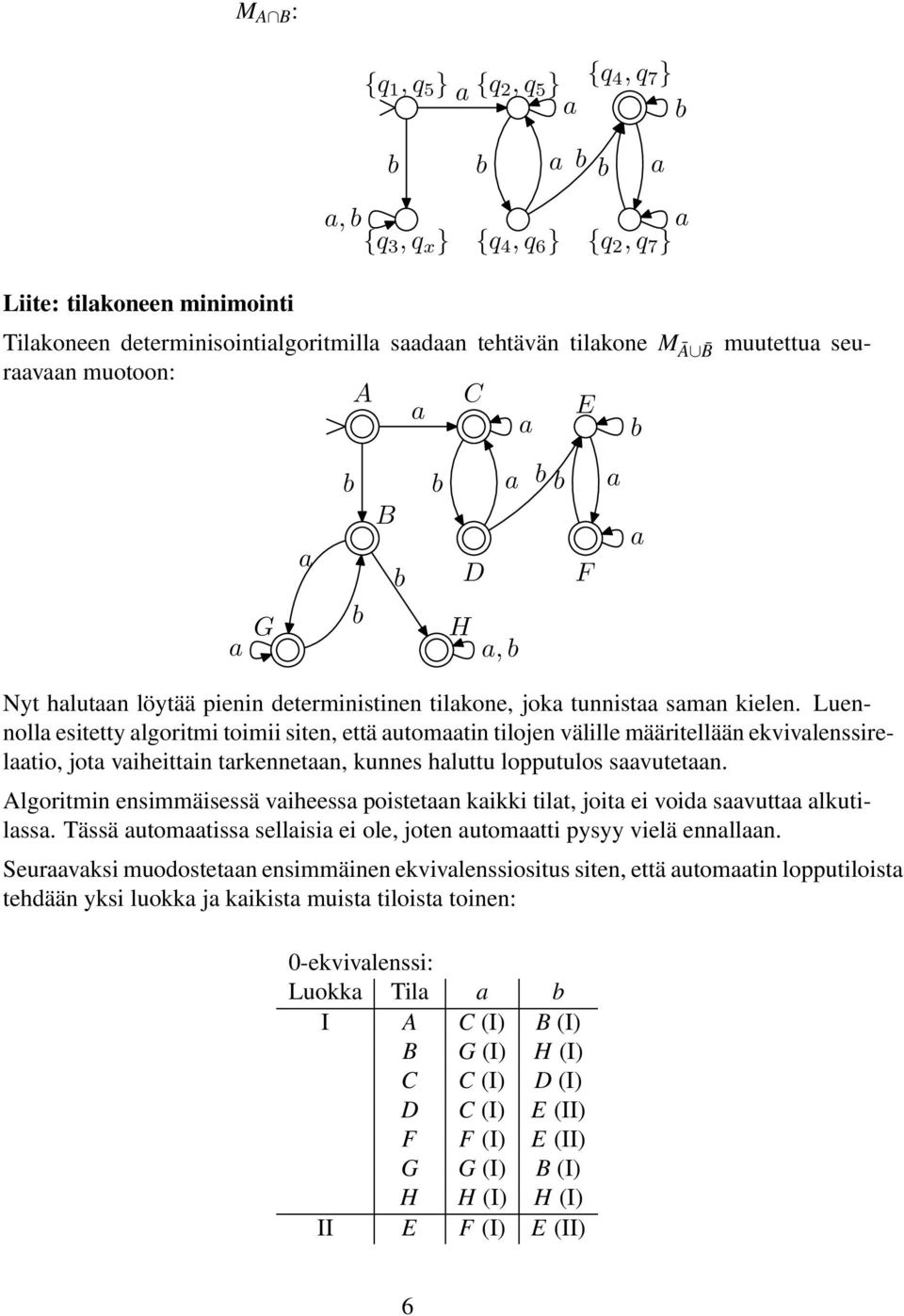 Luennoll esitetty lgoritmi toimii siten, että utomtin tilojen välille määritellään ekvivlenssireltio, jot viheittin trkennetn, kunnes hluttu lopputulos svutetn.