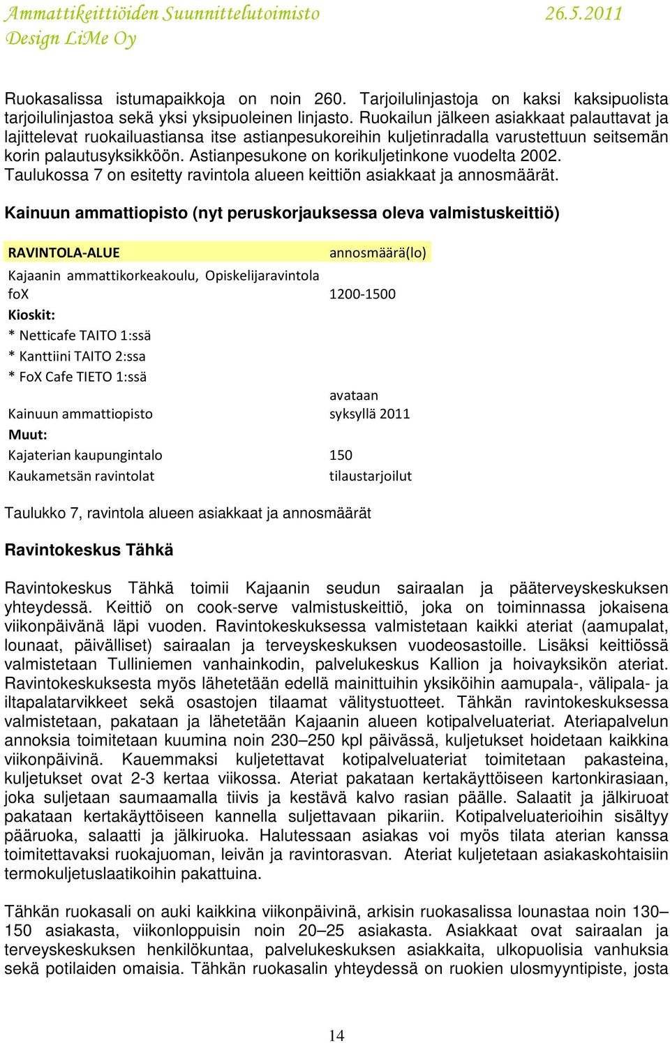 Astianpesukone on korikuljetinkone vuodelta 2002. Taulukossa 7 on esitetty ravintola alueen keittiön asiakkaat ja annosmäärät.