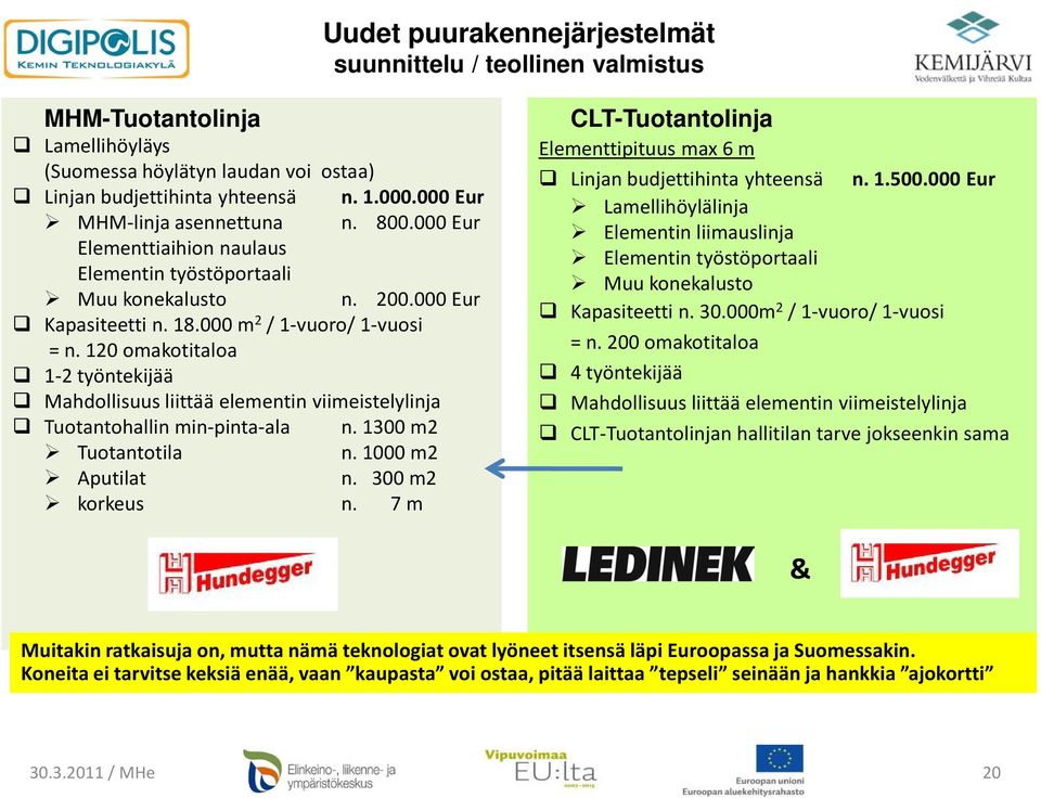 120 omakotitaloa 1-2 työntekijää Mahdollisuus liittää elementin viimeistelylinja Tuotantohallin min-pinta-ala n. 1300 m2 Tuotantotila n. 1000 m2 Aputilat n. 300 m2 korkeus n.