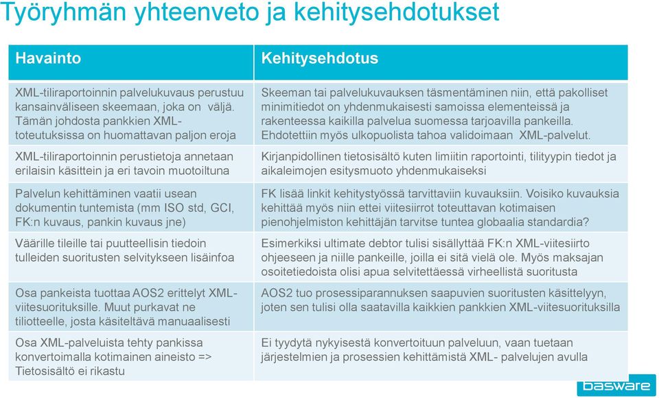 dokumentin tuntemista (mm ISO std, GCI, FK:n kuvaus, pankin kuvaus jne) Väärille tileille tai puutteellisin tiedoin tulleiden suoritusten selvitykseen lisäinfoa Osa pankeista tuottaa AOS2 erittelyt