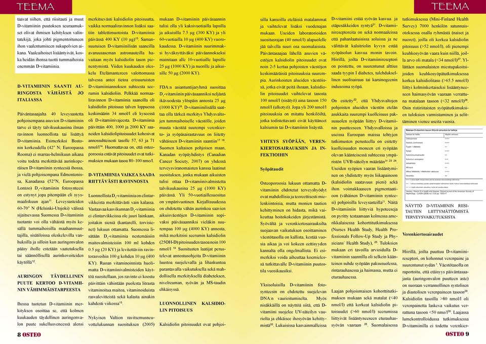 D-VITAMIININ SAANTI AU- RINGOSTA VÄHÄISTÄ JO ITALIASSA Päiväntasaajalta 40 leveysastetta pohjoisempana asuvien D-vitamiinin tarve ei täyty talvikuukausina ilman ravinnon luonnollista tai lisättyä